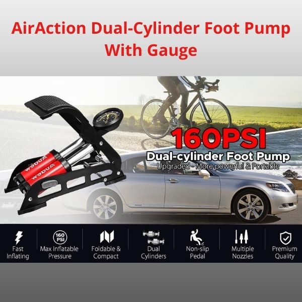 AirAction Dual-Cylinder Foot Pump With Gauge For Bicycles and Cars